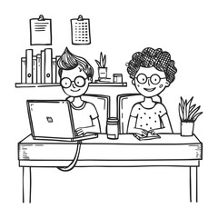 Women Working Together - Black and White Office Illustration