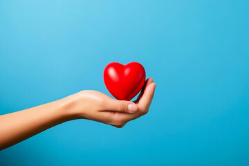 Obraz premium Caring Hand Holding a Bold Red Heart Against a Striking Blue Scene