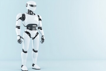 Fototapeta premium create 3d illustration of futuristic humanoid robot standing alone its sleek metallic surfaces reflecting ambient light