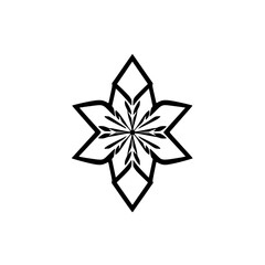Geometric Black and White Floral Design, Symmetrical Star-Shaped Composition on a Blank White Background.
