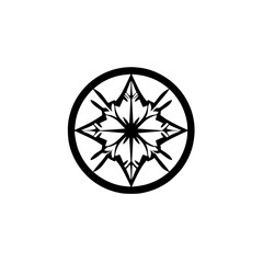 A symmetrical black and white emblem composed of an eight-pointed star within a circular frame, featuring intricate, stylized leaf-like elements, isolated on a white background.