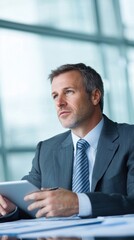 Fototapeta premium Thoughtful businessman in a modern office using a tablet device