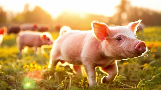 Happy piglets frolic in a sunlit meadow during golden hour, highlighting their playful nature and rural setting
