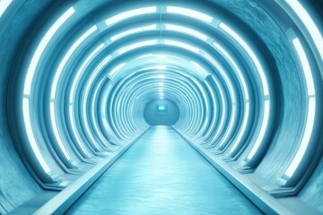 Fototapeta premium Futuristic tunnel with glowing blue lights and a sleek, smooth surface pathway