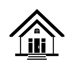 Minimalist Black and White Silhouette of a House with Gable Roof, Door, Window, and Steps on White Background.