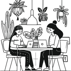 Women Working Together - Black and White Office Illustration