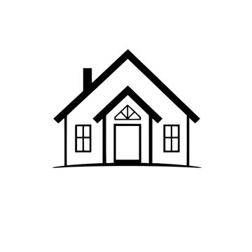 recommend clip art: Simple black and white line art illustration of a house with a gable roof, chimney, windows, and door, on white background.