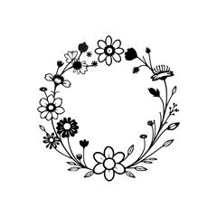 Elegant Black and White Floral Wreath Design: Delicate Outlined Flowers, Leaves, and Buds Forming a Circular Frame on White Background.