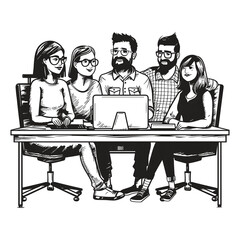 Casual Office Discussion - Black and White Vector Illustration