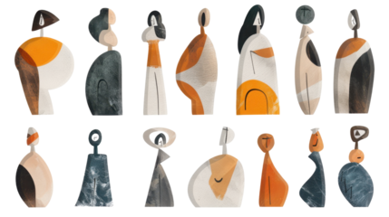 Collection of modern abstract art sculptures representing diversity and inclusivity on transparent background