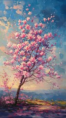 Vibrant magnolia tree painting with blue sky