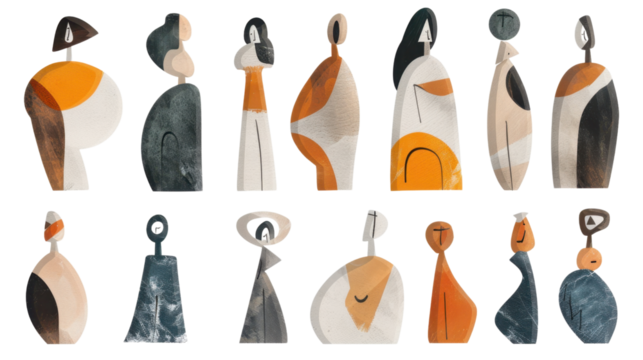 Collection of modern abstract art sculptures representing diversity and inclusivity on transparent background