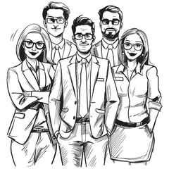 Professional Business Team - Black and White Vector Illustration