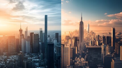 Stunning skyline view showcasing two iconic cityscapes at sunrise