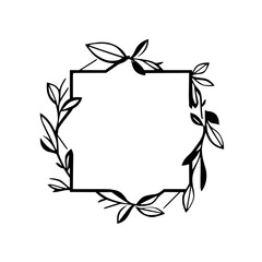 Elegant Black and White Geometric Frame with Delicate Foliage Border, Empty Center for Design Elements, Minimalist Aesthetic