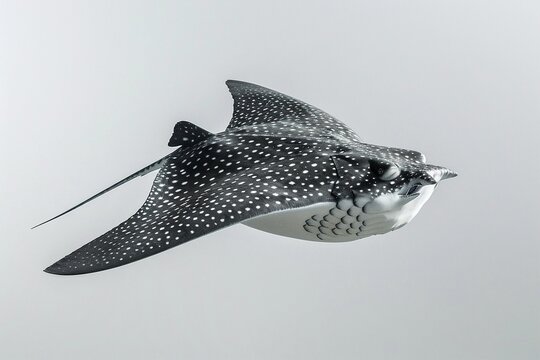 A spotted eagle ray gracefully glides through the water, its black and white polka dots contrasting beautifully against the light background.