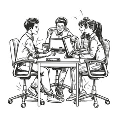 Casual Office Discussion - Black and White Vector Illustration