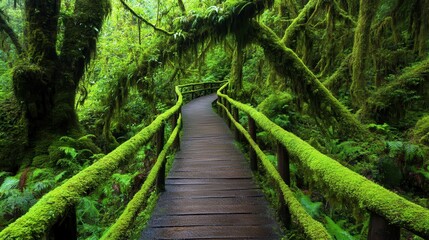 Obraz premium Lush green forest path, vibrant foliage surrounds a winding trail, serene atmosphere, perfect for nature exploration and reflection.