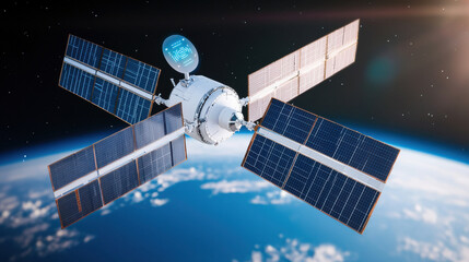 Wireless Technology and Future WiFi Concept, futuristic satellite with solar panels orbiting Earth, showcasing advanced technology