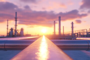Glistening Pipeline at Sunrise Amidst Industrial Structures and Cloudy Skies
