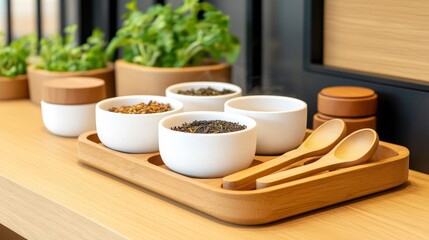 A serene kitchen scene featuring various spices in white bowls on a wooden tray, surrounded by greenery