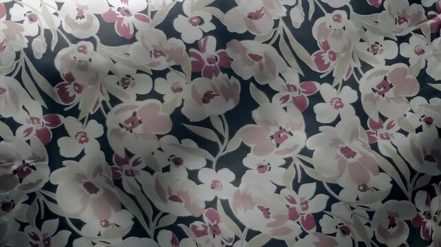 Fabric with beautiful colorful floral patterns flutters in the wind. Closeup. Macro. Slow mo, slow motion, high speed camera, 200fps