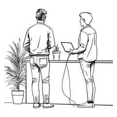 Casual Office Discussion - Black and White Vector Illustration