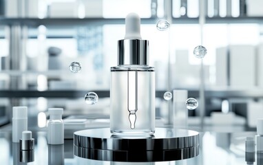 A high-tech luxury serum bottle in a futuristic AI skincare clinic, floating biometric data scanning skin conditions and recommending personalized treatments