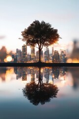 A conceptual art piece of a tree merging with a city skyline.