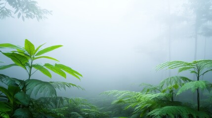 Lush green foliage in foggy atmosphere, vibrant leaves emerging through mist, perfect backdrop for nature-themed designs.