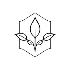 A stylized, minimalist black and white logo design featuring a plant with leaves enclosed within a shield-like hexagonal frame, conveying organic and natural concepts.