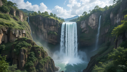 Fototapeta premium Stunning Waterfall Cascading Down a Lush Green Cliff Surrounded by Dense Forest and Untouched Natural Wilderness