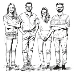 Professional Business Team - Black and White Vector Illustration