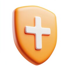 Obraz premium Round orange shield with white cross icon, symbol of health protection or data security concept