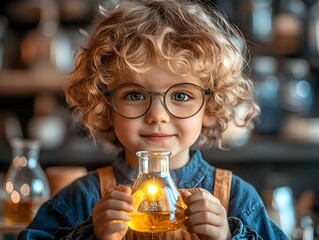 Curious Young Scientist Holds Glowing Beaker Eyes Filled with Excitement for Discovery