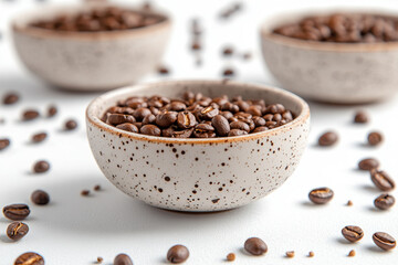 Three bowls filled with coffee beans on a wooden table, capturing the rich aroma and essence of freshly roasted coffee.