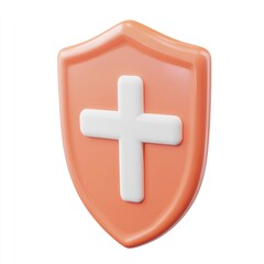Obraz premium Round orange shield with white cross icon, symbol of health protection or data security concept
