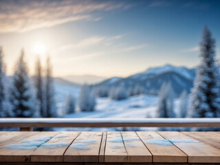 empty wooden table with a snowy winter landscape blurred in the background, ideal for holiday themed product