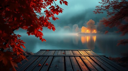 An autumn scene with vibrant orange and red leaves on tree branches framing a calm lake, a rustic wooden deck or table in the foreground, and blurred autumn foliage reflecting in the water