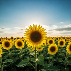 Obraz premium Sunflower in Field. Sunflower in full bloom in field of sunflowers on a sunny day