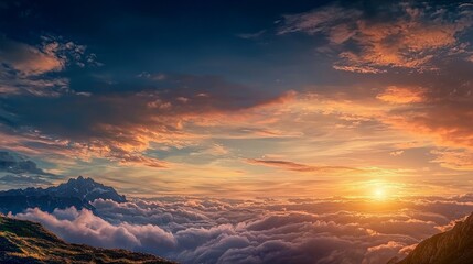 Fototapeta premium Scenic Mountain Landscape with Sunset and Flowing Clouds