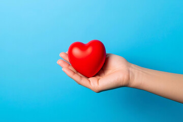 Obraz premium Hand Holding a Red Heart Against a Vivid Blue Background