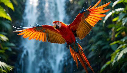 Vibrant Scarlet Macaw Soaring Through a Lush Tropical Rainforest, Wings Spread Wide Against the Backdrop of a Cascading Waterfall
