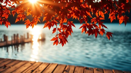 An autumn scene with vibrant orange and red leaves on tree branches framing a calm lake, a rustic wooden deck or table in the foreground, and blurred autumn foliage reflecting in the water