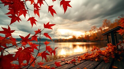 An autumn scene with vibrant orange and red leaves on tree branches framing a calm lake, a rustic wooden deck or table in the foreground, and blurred autumn foliage reflecting in the water
