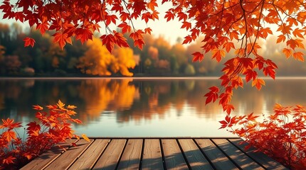 An autumn scene with vibrant orange and red leaves on tree branches framing a calm lake, a rustic wooden deck or table in the foreground, and blurred autumn foliage reflecting in the water