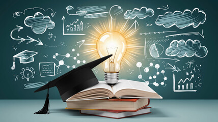 Open book with graduation cap and glowing lightbulb, surrounded by hand-drawn diagrams, symbolizing education, knowledge, and new ideas