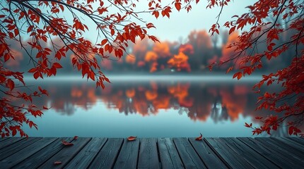 An autumn scene with vibrant orange and red leaves on tree branches framing a calm lake, a rustic wooden deck or table in the foreground, and blurred autumn foliage reflecting in the water