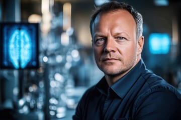 Obraz premium Confident Male Scientist in High-Tech Laboratory with Brain Scan Display