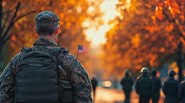 A soldier stands with pride in autumn while fellow troops march in the background during sunset